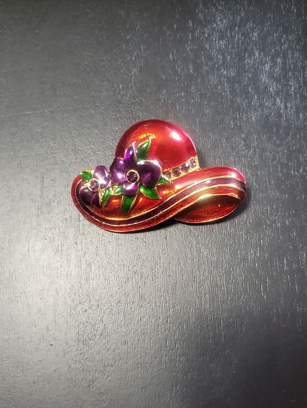 Vintage Red Hat Society Brooch. Red Hat With Purple Jewel Accents